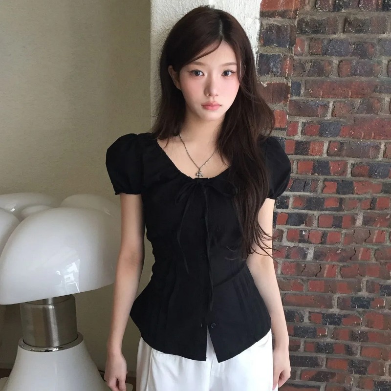 Tie Front Shirt - Camicetta Nera da Donna con Maniche